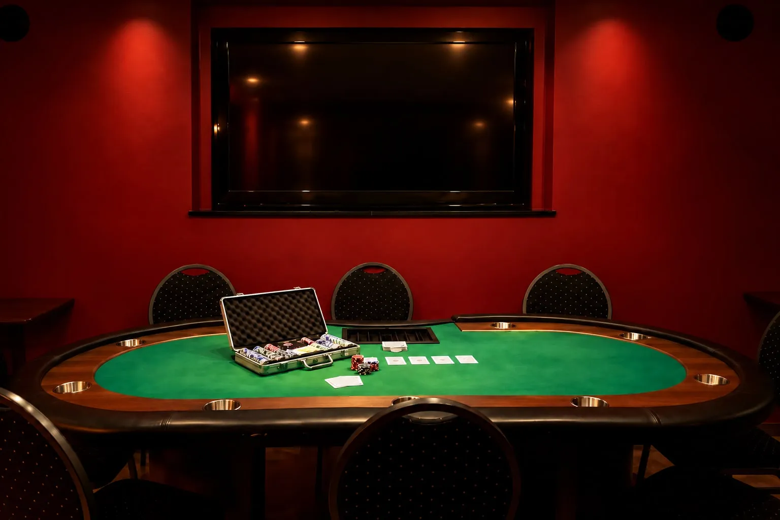 Pokertisch mit Chipkoffer und Karten