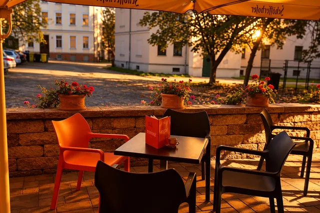 Terrasse mit orangefarbenen Stühlen am Abend